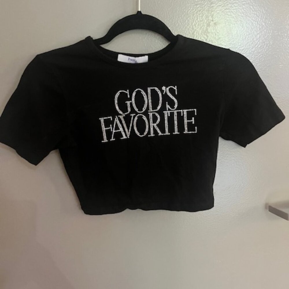 Praying God's Favorite 100% Cotton Spandex Black Rhinestone Crop Top Sz M